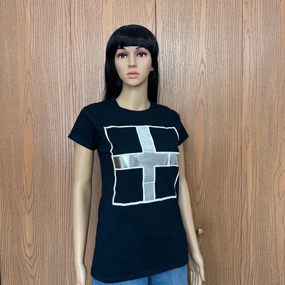 Women Mondo Guerra Black T-Shirt with Silver Foil Motif - Size M - Never used